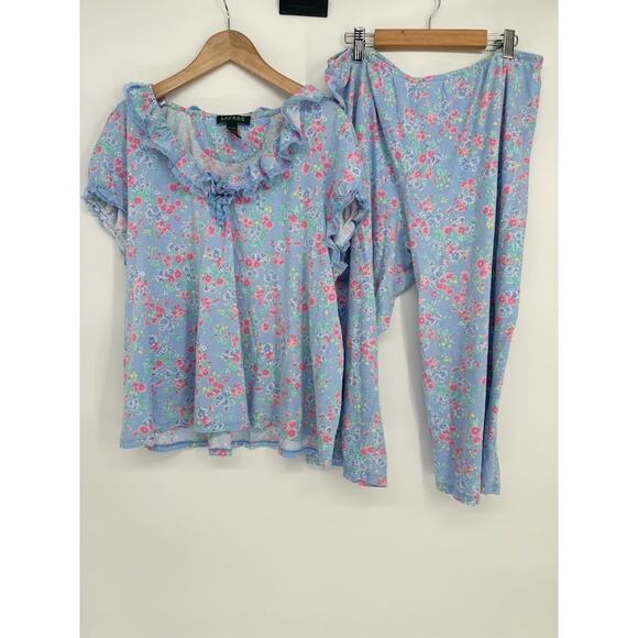 Lauren Ralph Lauren Size XL Floral Classic Knit Cropped PJ Pajama Set Pants Top - Picture 1 of 13